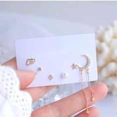 { | Mary's Boutique | } Brand New W/ Tags 14k Gold-Plated, Sterling Silver Posts 6 Unique Asymmetrical Sky Themed Stud Earrings Stars, Hollow Cloud With Gem, Crescent Moon With Dangling Stars, Pearl These Look Fantastic In Lobe, Tragus, Anti Tregas, Flat, Or Helix Piercings Check Out My Closet For Similar Listings! Top Rated Same Day Shipping Each Purchase Appreciated, Thank You Bundle For Private Discount & A Gift I Love My Customers, And Have The Best Cherry-Picked Treasures For You Curated By Alexandrite Jewelry, Helix Piercings, Statement Fashion, Star Cloud, Stars Hollow, Dainty Studs, Gold Filled Earrings, Stud Set, Earrings In Gold