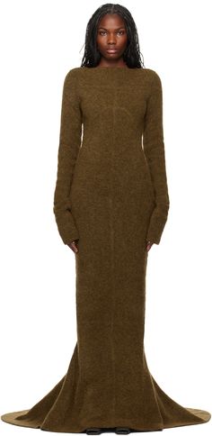 Knit stretch alpaca-blend maxi dress. · Rolled edge at boat neck · Godet panel at extended fishtail hem · Cutout at back · Unlined Supplier color: Honey Rick Owens, Boat Neck, Dress Making, Day Dresses, Alpaca, Apparel Accessories, Top Brands, Honey, Dress Outfits