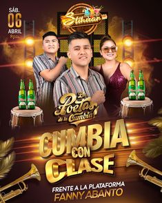 the poster for cumbia con glasee featuring two men and a woman in front of