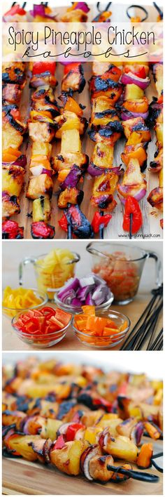 several pictures of different types of food on plates and in glass bowls, including pineapple chicken skewers