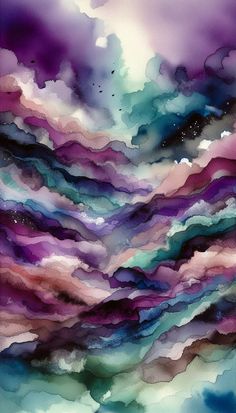 an abstract painting with purple, blue and green colors on the watercolor paper that looks like clouds