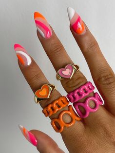 Evry Jewels orange and pink rings Ongles Beiges, Unghie Nail Art, Colorful Nails, Summer Acrylic Nails, Dream Nails