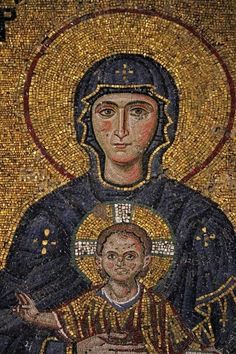 an image of the mother and child jesus in mosaics on display at the museum