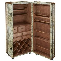 an open wine cabinet with drawers and shelves