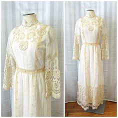 Wonderful vintage dress from the 1960s in the Edwardian style. The color is ivory with crochet lace of 2 tones of beige. An semi sheer organza fabric is the top layer, then 2 layers below of acetate type fabrics. Raised seaming. Sheer sleeves in area above the crochet. All measurement taken with the dress lying flat. Bust is 34 inches. Waist is 25 inches Hips open to 40 inches. Shoulder seam to seam is 13-1/4 inches. Sleeve is 22-1/2 inches. Length from the shoulder to the waistline is 15 inches Vintage Lace Wedding Dress With Patchwork, Vintage Fitted Beige Lace, Victorian Cream Lace For Vintage Events, Beige Lace Wedding Dress With Lace Bodice, Beige Lace Bodice Dress For Wedding, Vintage Beige Scalloped Lace, Vintage Wedding Dress With Crochet Lace, Victorian Cream Vintage Dress With Lace Trim, Vintage White Lace Dress With Scalloped Lace