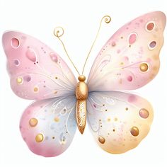 a pink and white butterfly with gold dots on it's wings