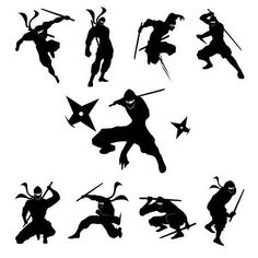 black silhouettes of ninja characters in various poses stock photo - image 349784