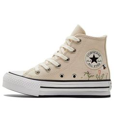 Converse Chuck Taylor All Star Lift Platform High PS 'Floral Embroidery - Natural Ivory' A01615C Hand Embroidery Converse, Women’s Converse, Cute Platform Converse, Cute Simple Shoes, Cute High Top Shoes, Preppy Converse, Converse Cheap, Fun Converse, Cute Shoes For School