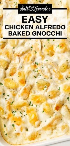 a casserole dish with text overlay that reads easy chicken alfredo baked gnocchi Alfredo Gnocchi Bake, Chicken Alfredo Gnocchi, Alfredo Gnocchi, Cheesy Chicken Alfredo, Gnocchi Bake, Gnocchi Recipes Easy, Gnocchi Recipes Homemade, Gnocchi Dishes