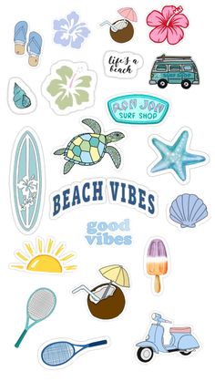 the beach vibes sticker sheet is shown in various colors and shapes, including an umbrella