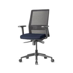 an office chair with wheels and a blue seat pad on the back, against a white background