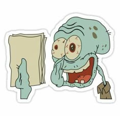 an ugly looking cartoon character holding a book with its mouth open and tongue out sticker