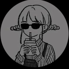 a black and white drawing of a woman with sunglasses holding a drink in her hand