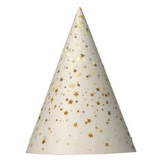 a white and gold party hat with stars on it's side, isolated against a white background