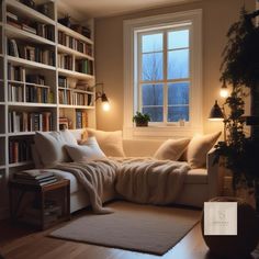 a living room filled with lots of furniture and bookshelves next to a window