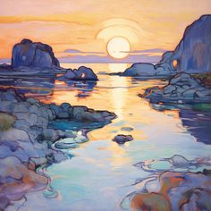 an oil painting of the sun setting over water with rocks and icebergs in the foreground