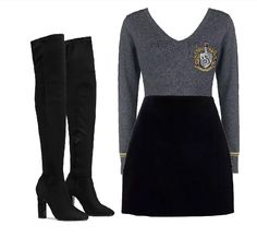 a women's black dress and thigh high boots with harry potter crest on the back