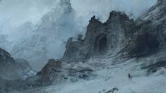 a mountain scene with snow and rocks in the foreground