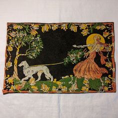 an image of a woman pulling a dog on a leash through the woods with flowers