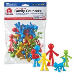 small plastic family counters are shown in front of a bag with the package on it