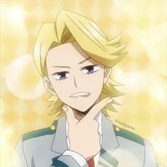 an anime character with blonde hair wearing a suit and tie looking at the camera while holding his hand to his face