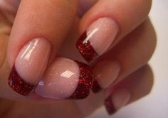 Glitter Acrylics perfect for fall, winter or summer. Red Tip Glitter Nails, Nail Designs Red Tips, Colored French Tip Nails Christmas, Red Shimmer French Tip Nails, Glitter Red Tip Nails, Red Nails With Silver Glitter Tips, Red Sparkle Tip Nails, Red French Glitter Nails, Red Glitter Nails Acrylic French Tips