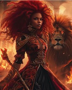 a woman with red hair standing next to a lion in front of a fire filled sky