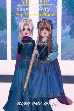 two dolls are dressed in blue dresses and holding an umbrella with the caption top middle model