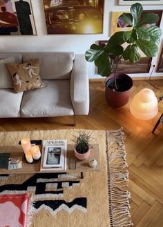 a white couch sitting on top of a hard wood floor next to a potted plant