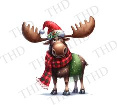 a moose wearing a christmas hat and scarf