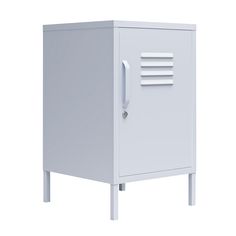 a white cabinet with two doors on the front and one door open to reveal something