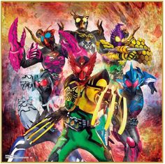 the power rangers are all dressed up in different costumes and colors, with their arms spread out