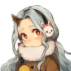 an anime character with long gray hair holding a stuffed animal in her arms and looking at the camera