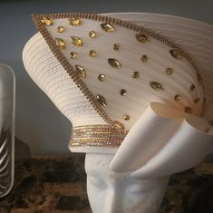 This Is The Matching Hat To The Leather Look Lisa Rene Black Label Suit Hat Is Cream In Color. It Has A Gold Colored Band Around The Hat. With A Bow And A Broach In The Front. The Hat Looks Like It Is Upside Down, Or The Inside Out Look. Fitted Tall Crown Hat For Party, Elegant Fitted Costume Hat With Tall Crown, Elegant Tall Crown Adjustable Hat, Designer Curved Brim Hats For Parties, Luxury Fitted White Hat, Suit Hat, Church Hat, Church Hats, Color Bands