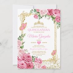 pink roses and gold glitter quinceauera wedding card with the word quinceauera written on it