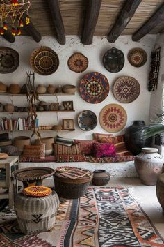 a living room filled with lots of different types of rugs and baskets on the wall