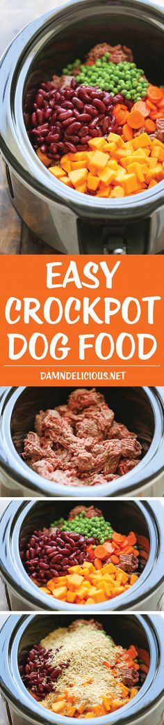 an easy crockpot dog food recipe is shown in three different pictures with the title