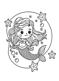 a little mermaid sitting on the moon with stars and bubbles in her hair coloring page