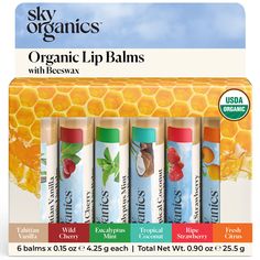 PRICES MAY VARY. Organic Beeswax Lip Balms: Bursting with natural flavors, these organic lip balms are made with nourishing plant oils and beeswax to lock in moisture and keep lips feeling soft and smooth Infused With Natural Flavors: Sky Organics Organic Beeswax Lip Balms keep lips feeling deliciously soft and smelling deliciously sweet. Includes Tahitian vanilla, wild cherry, eucalyptus mint, tropical coconut, ripe strawberry and fresh citrus flavors INGREDIENTS WITH PURPOSE: Organic Botanical Beeswax Lip Balm, Lip Balm Set, Wild Cherry, Organic Lip Balm, Eucalyptus Mint, Moisturizing Lip Balm, Botanical Oils, Oil Plant, Dry Lips