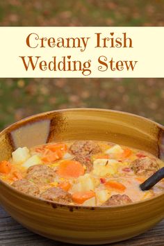 a bowl of creamy irish wedding stew on a wooden table