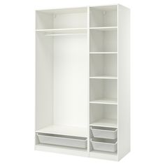 an empty white closet with shelves and baskets on the bottom shelf, isolated against a white background