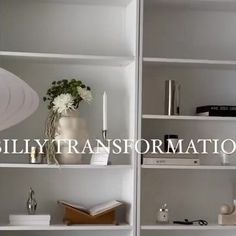 there is a shelf with books and other items on it in the room that says billyytransformation