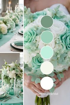 a wedding table with green and white flowers