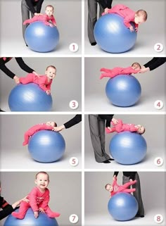 a baby sitting on top of a blue ball with instructions for how to use it