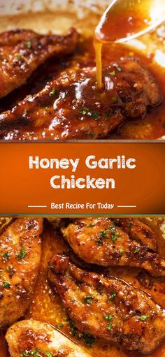 honey garlic chicken is being drizzled with sauce