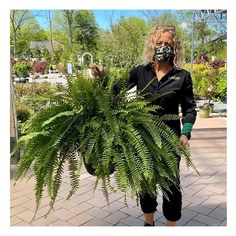 a woman wearing a face mask holding a plant