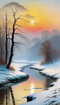 a painting of a snowy river at sunset