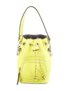 Fendi Bucket BagFrom the 2019 CollectionYellow LeatherPrintedSilver-Tone HardwareFlat Handle & Single Shoulder StrapSingle Exterior PocketLeather LiningDrawstring Closure at FrontUnfortunately, due to restrictions, this item may not be eligible for shipping in all areas. Fendi Mini, Contrast Topstitching, Ankle Strap Wedges, Leather Belt Bag, Pointed Toe Boots, Leather Card Case, Outfit Making, Leather Bucket Bag, Leather Bucket