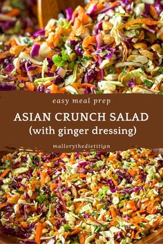 This nutritious Asian Crunch Salad recipe is great for meal prep! It's the perfect balance of crunchy, savory, and sweet. Fresh vegetables and herbs are mixed with roasted cashews and topped with a flavorful lime & sesame ginger dressing. If you're into crunchy salads with colorful and vibrant vegetables, this is perfect for you! To make this easy Crunchy Asian Salad, click for the full recipe! Follow for more recipes from a dietitian including healthy salad recipes and easy lunch ideas. Easy Salad For Meal Prep, Asian Salad Meal Prep, Sesame Crunch Salad, Asian Recipes Salad, Asian Vegetable Salad, Recipes With Fresh Produce, Healthy Salad Prep For The Week, Crunchy Salad Recipes Healthy, Asian Salad Recipe Healthy