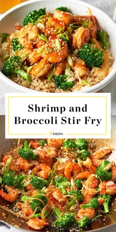 shrimp and broccoli stir fry in a skillet with the words shrimp and broccoli stir fry